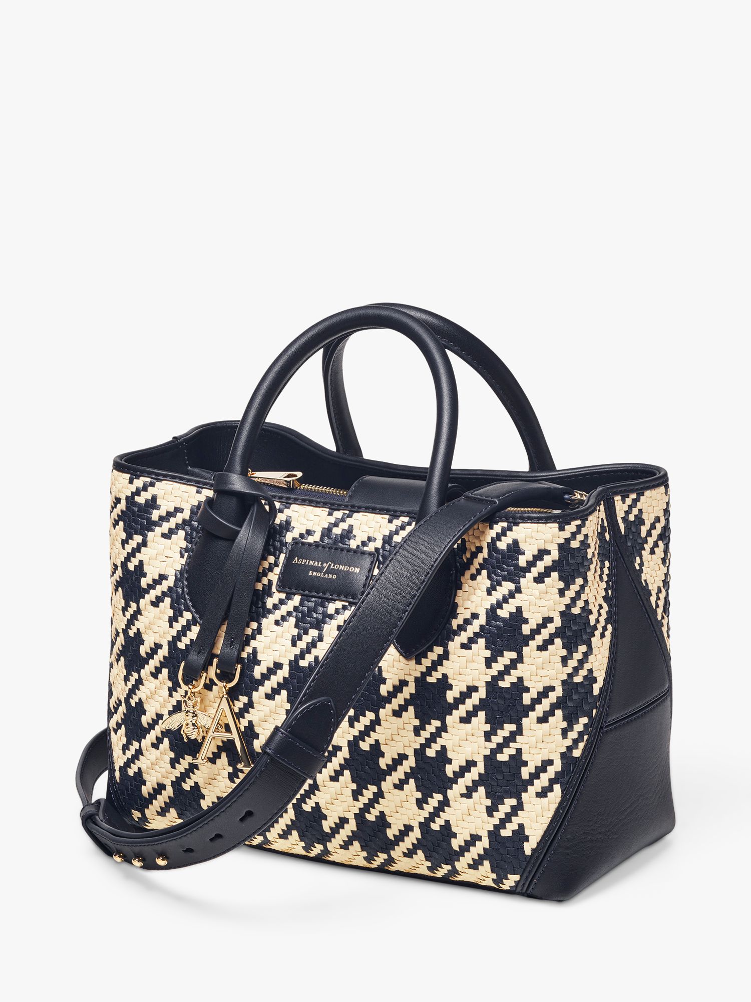 Aspinal of London London Midi Dogtooth Weave Leather Tote Bag, Navy ...