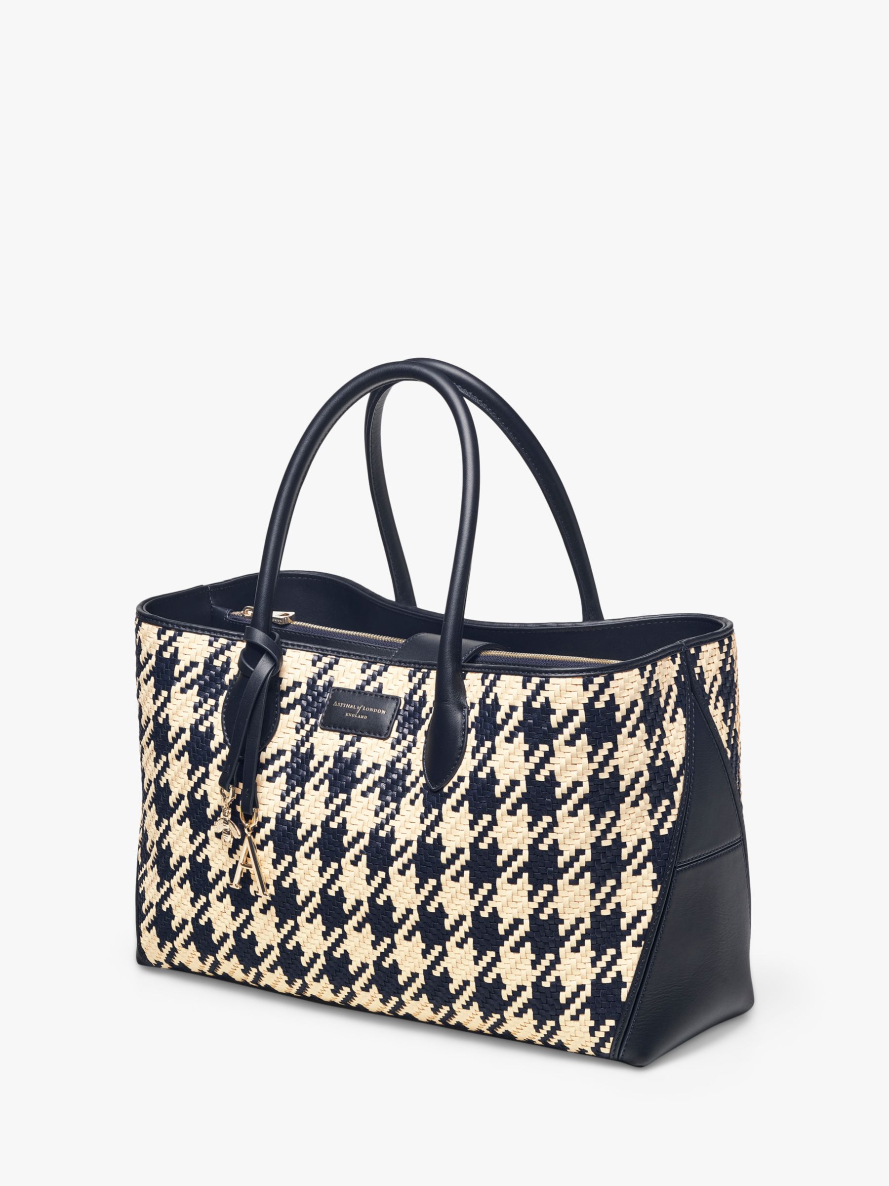 Aspinal of London Dogtooth Weave Leather Tote Bag, Navy/Ivory