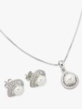 Lido Pear Shape Cubic Zirconia & Freshwater Pearl Pendant Necklace and Stud Earrings Jewellery Set, Silver/Pearl