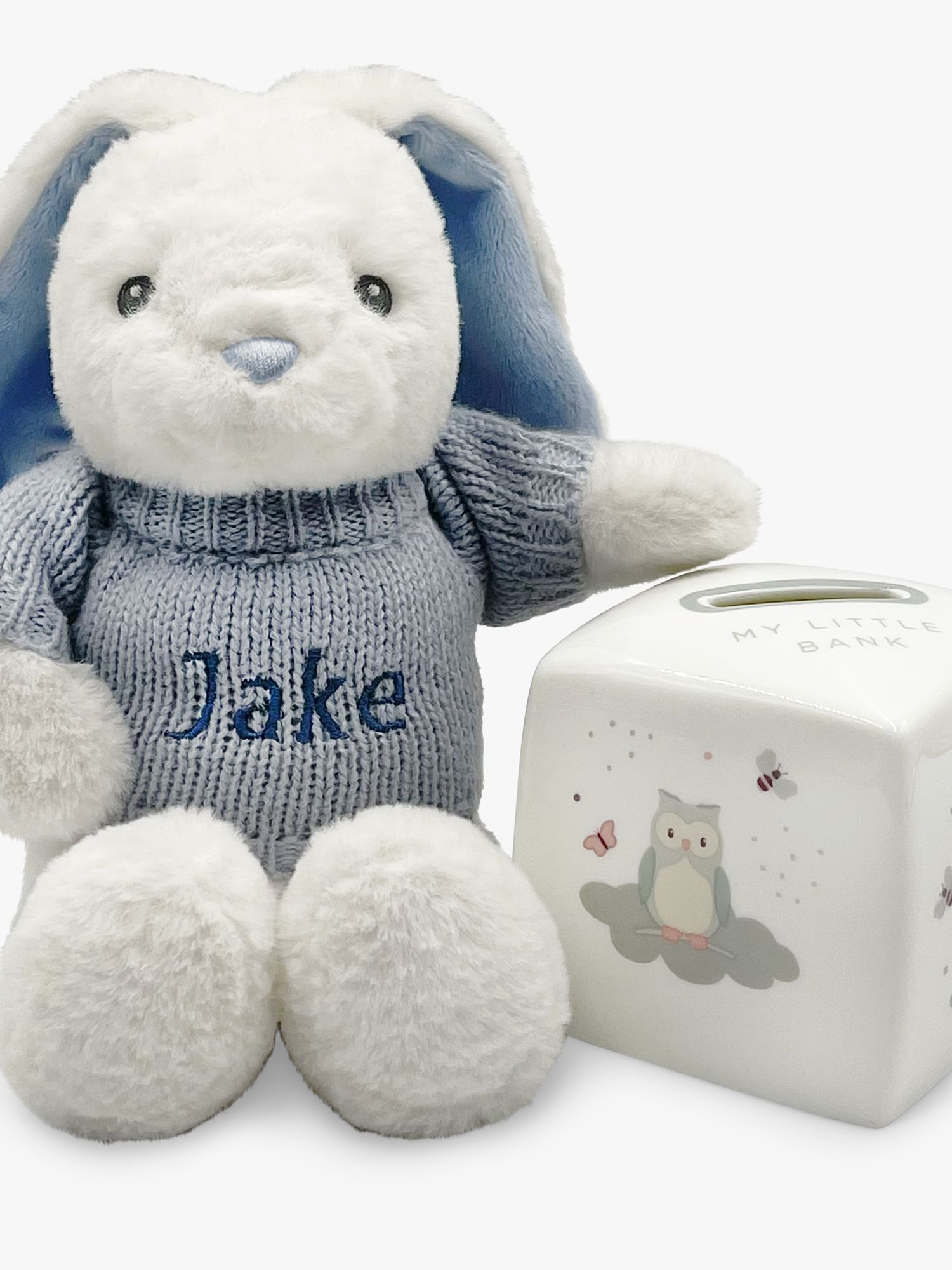 Babyblooms Personalised Bunny and Bone China Money Box, Blue