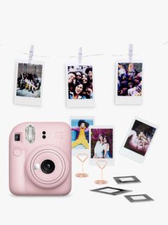 Instax Mini 12 Instant Camera, Blossom Pink, Bundle with 10 Shots of Film, 5 Heart Photo Clips, Stickers & Hanging Twine with LED Lights