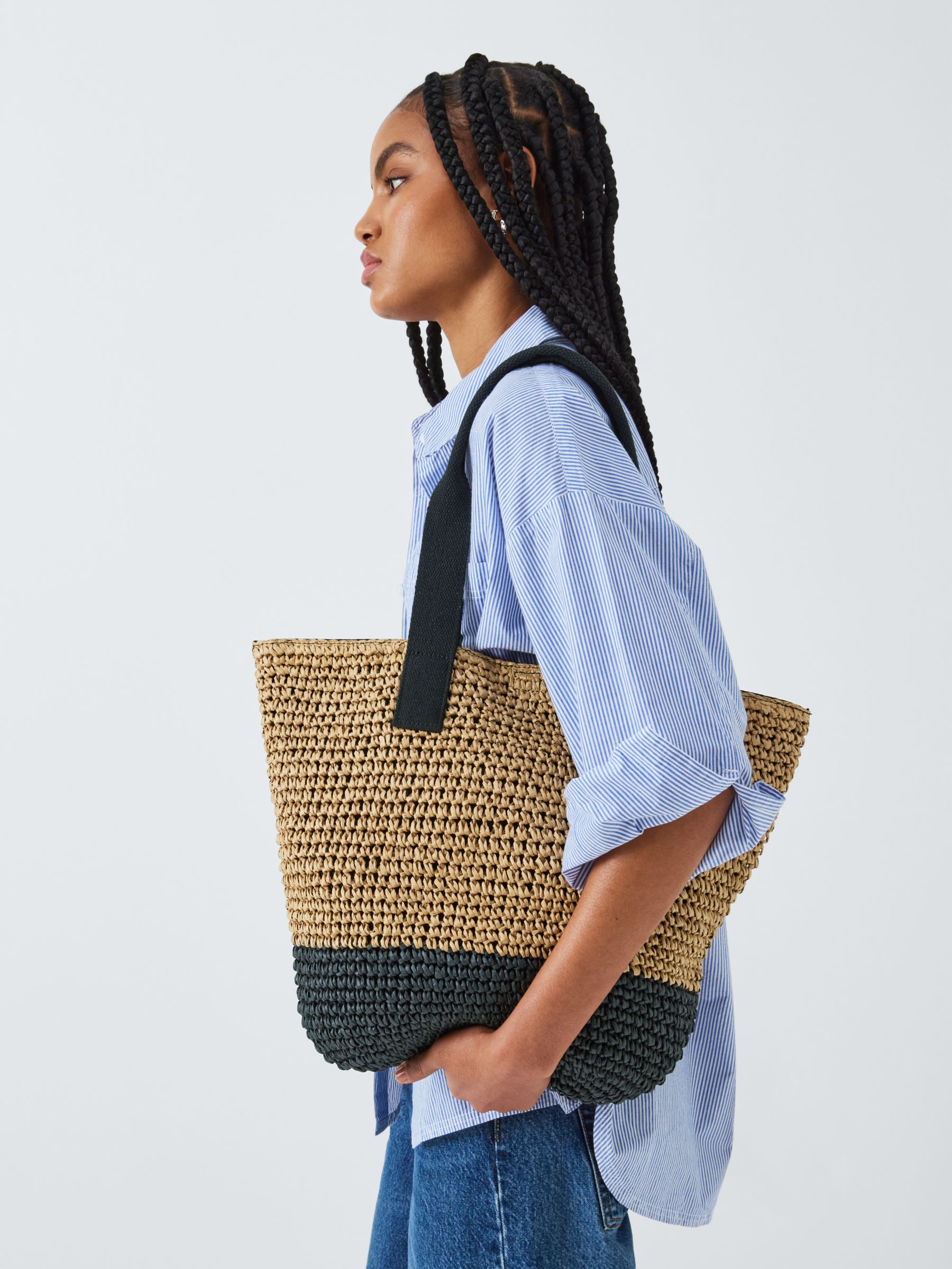 John Lewis ANYDAY Raffia Tote Bag, Natural/Black at John Lewis & Partners