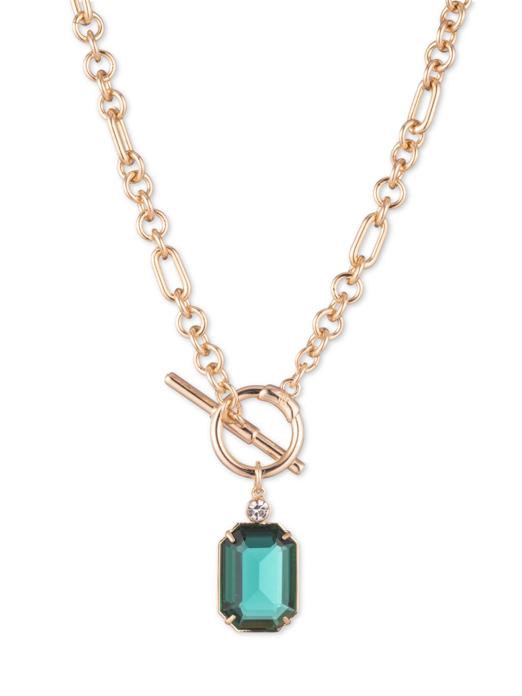 Lauren Ralph Lauren Glass Stone Pendant T-Bar Necklace, Gold/Green