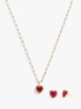 Coach Crystal and Enamel Heart Pendant Necklace and Stud Earrings Jewellery Gift Set, Gold/Red