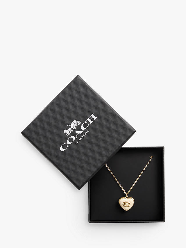 Coach Enamel and Crystal Heart Locket Necklace, Gold/Chalk