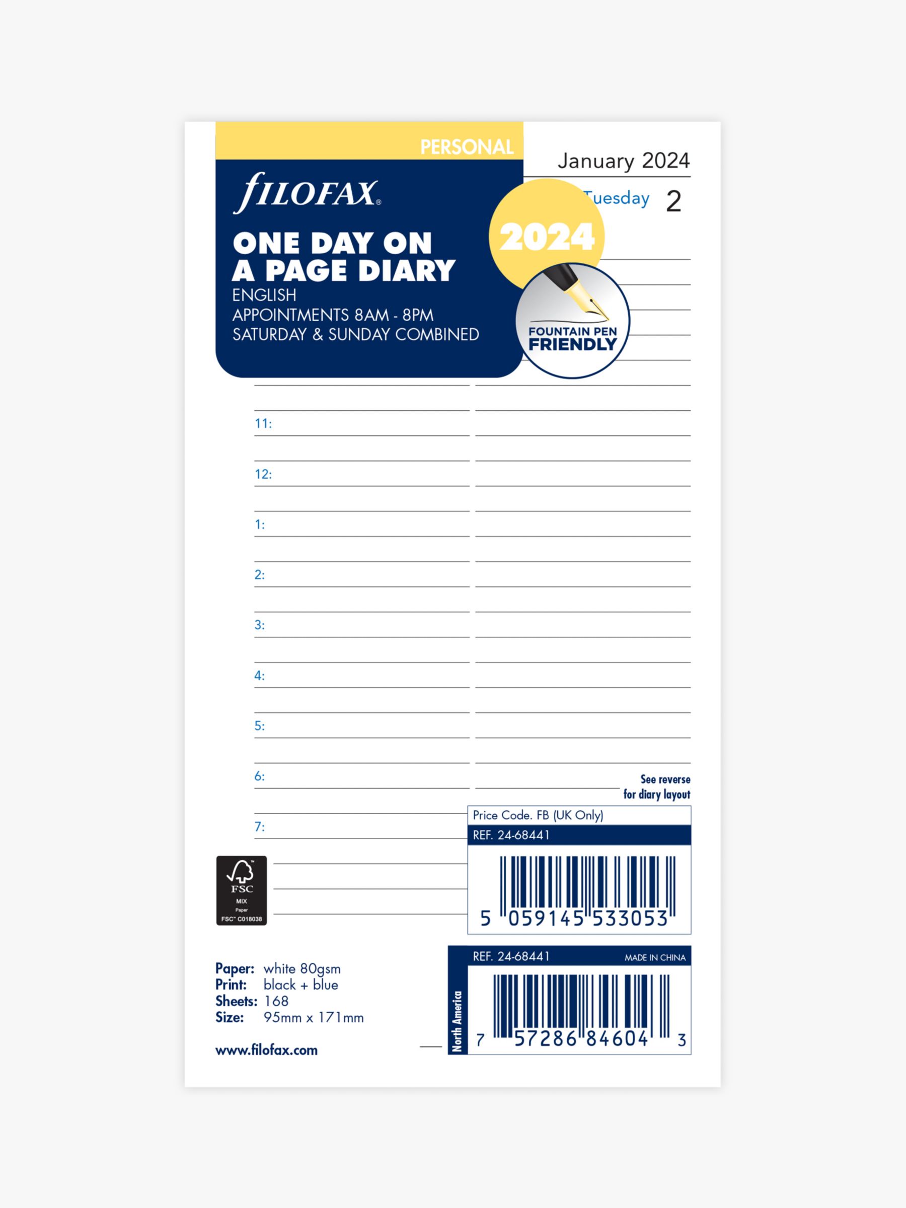 2024 Filofax Personal Size Refill 24-68409 Week On One Page With