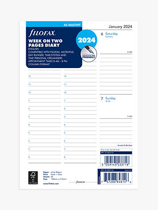 Filofax A5 Week on Two Pages Column 2024 Personal Organiser Insert, White