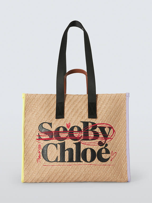 See By Chloé Logo Straw Large Tote Bag, Beige