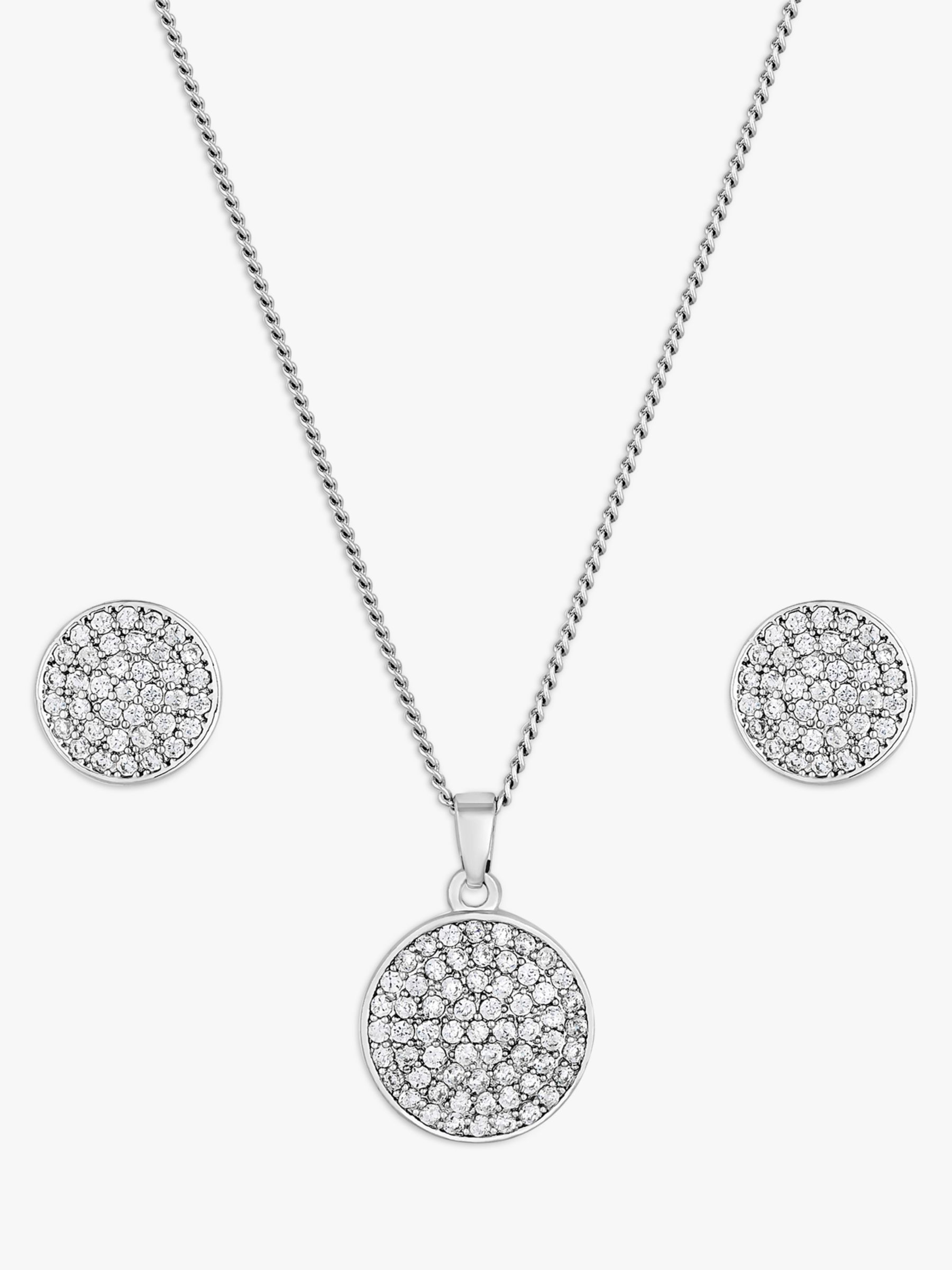 Jon Richard Pave Cubic Zirconia Disc Necklace and Earring Jewellery Set, Silver