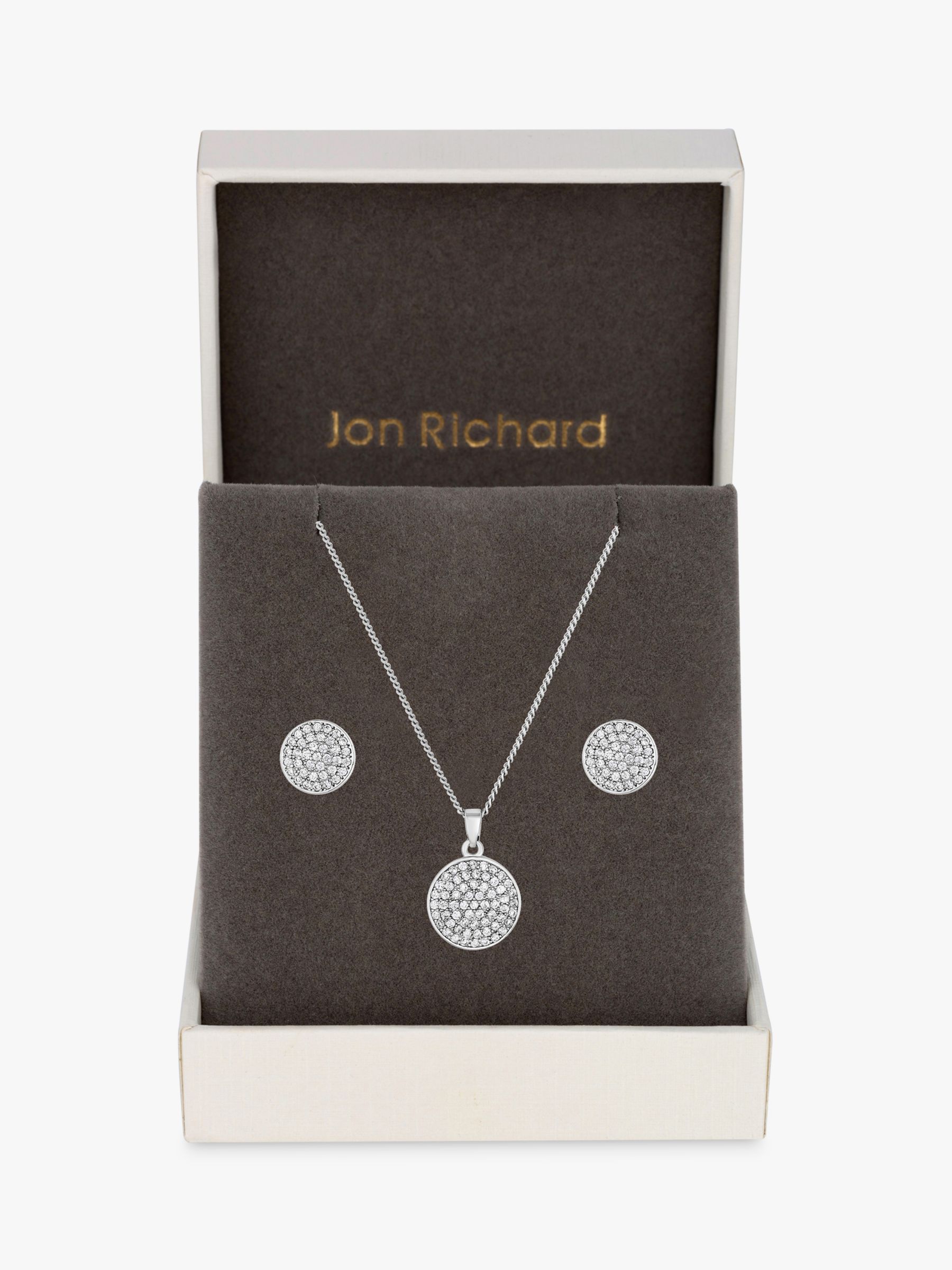Buy Jon Richard Pave Cubic Zirconia Disc Necklace and Earring Jewellery Set, Silver Online at johnlewis.com