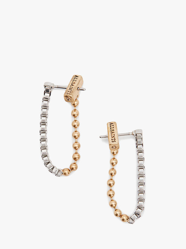 AllSaints Box Link and Ball Bead Drop Earrings, Silver/Gold