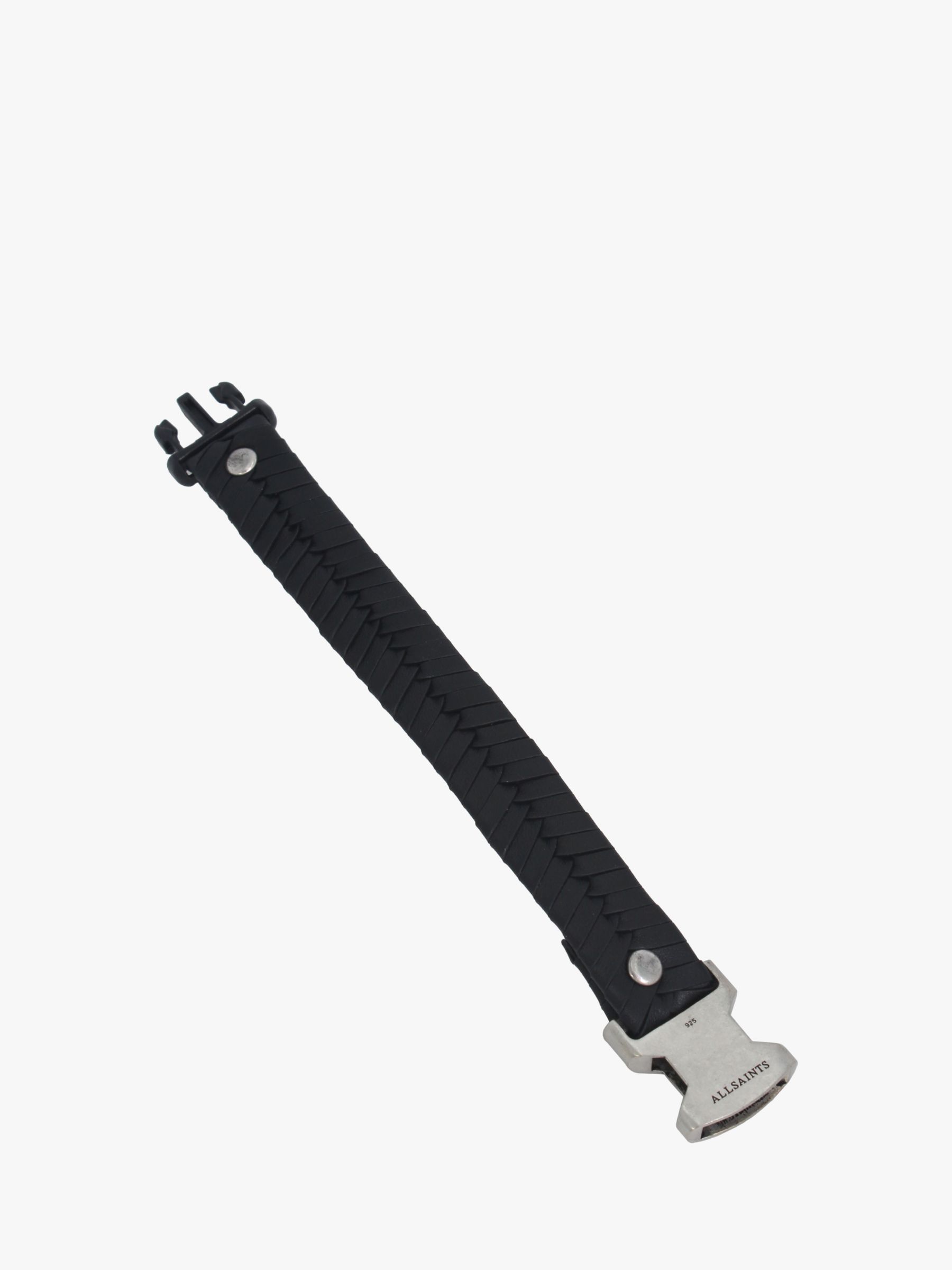 AllSaints Unisex Woven Leather Bracelet, Black/Silver