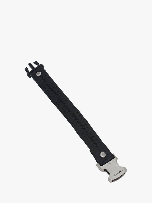 AllSaints Unisex Woven Leather Bracelet, Black/Silver