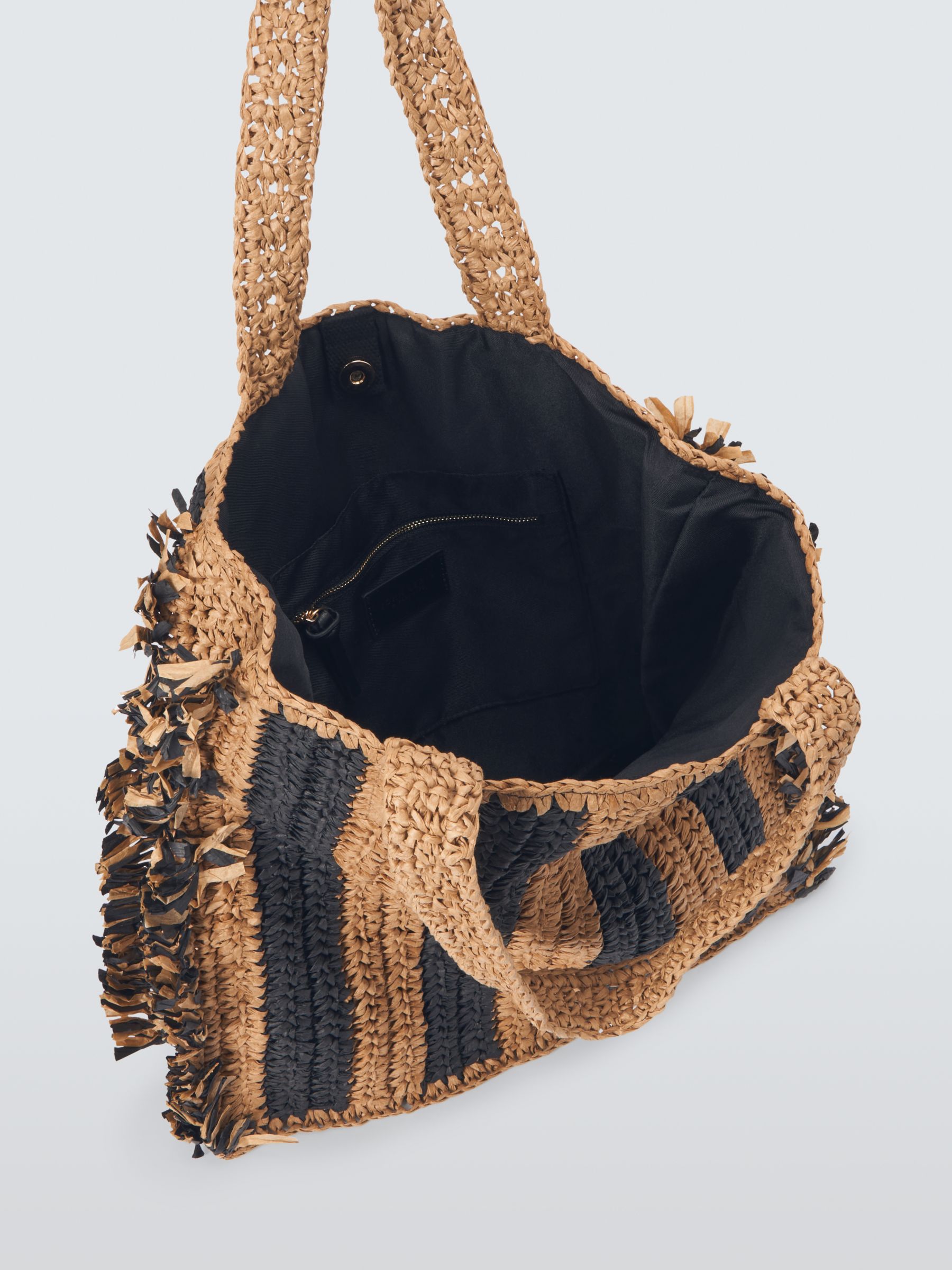 John Lewis Stripe Raffia Fringe Tote Bag, Black/Natural