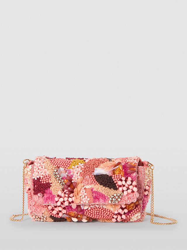 John Lewis Floral Beaded Flapover Bag, Pink/Multi