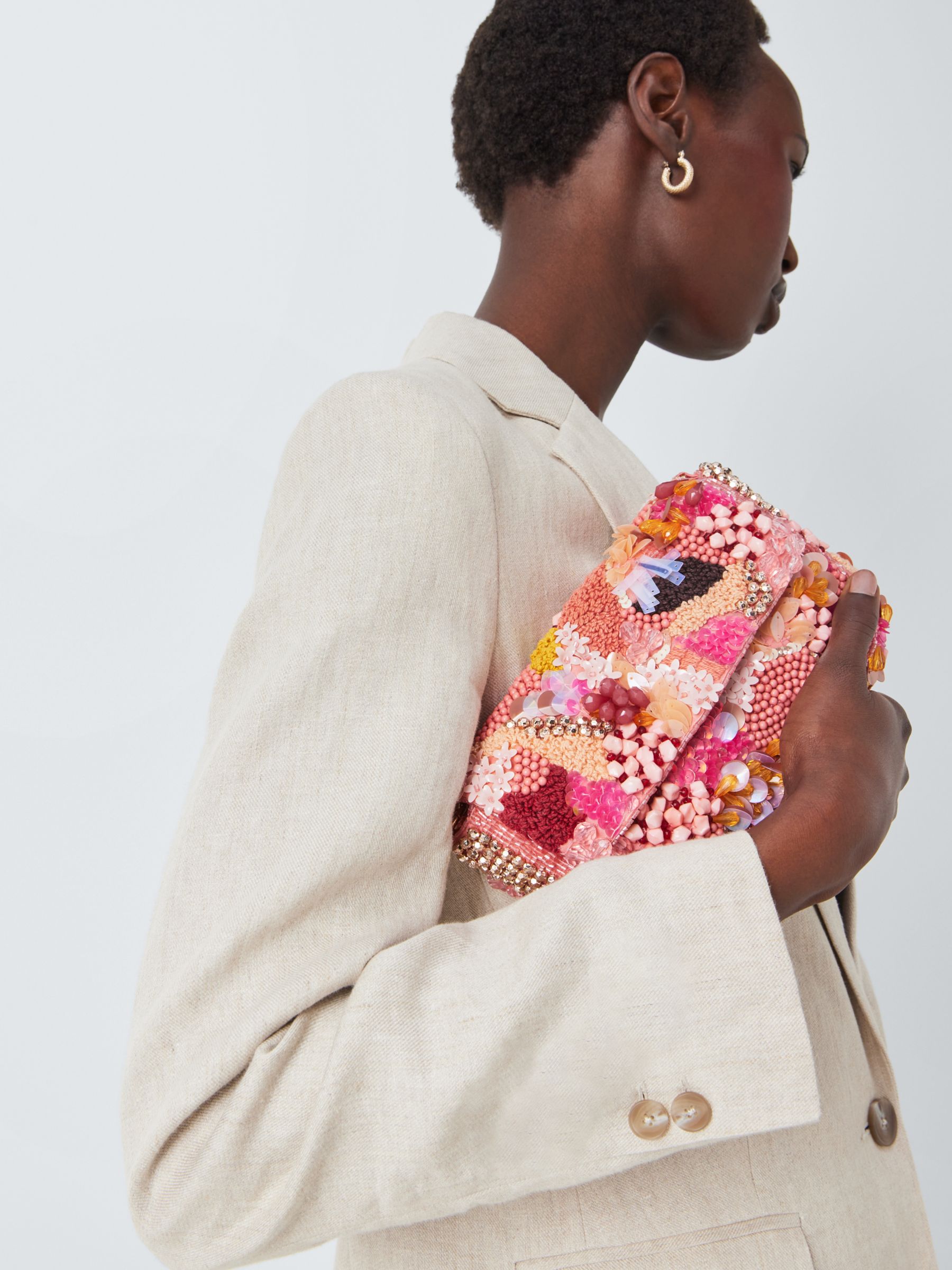 Buy John Lewis Floral Beaded Flapover Bag, Pink/Multi Online at johnlewis.com