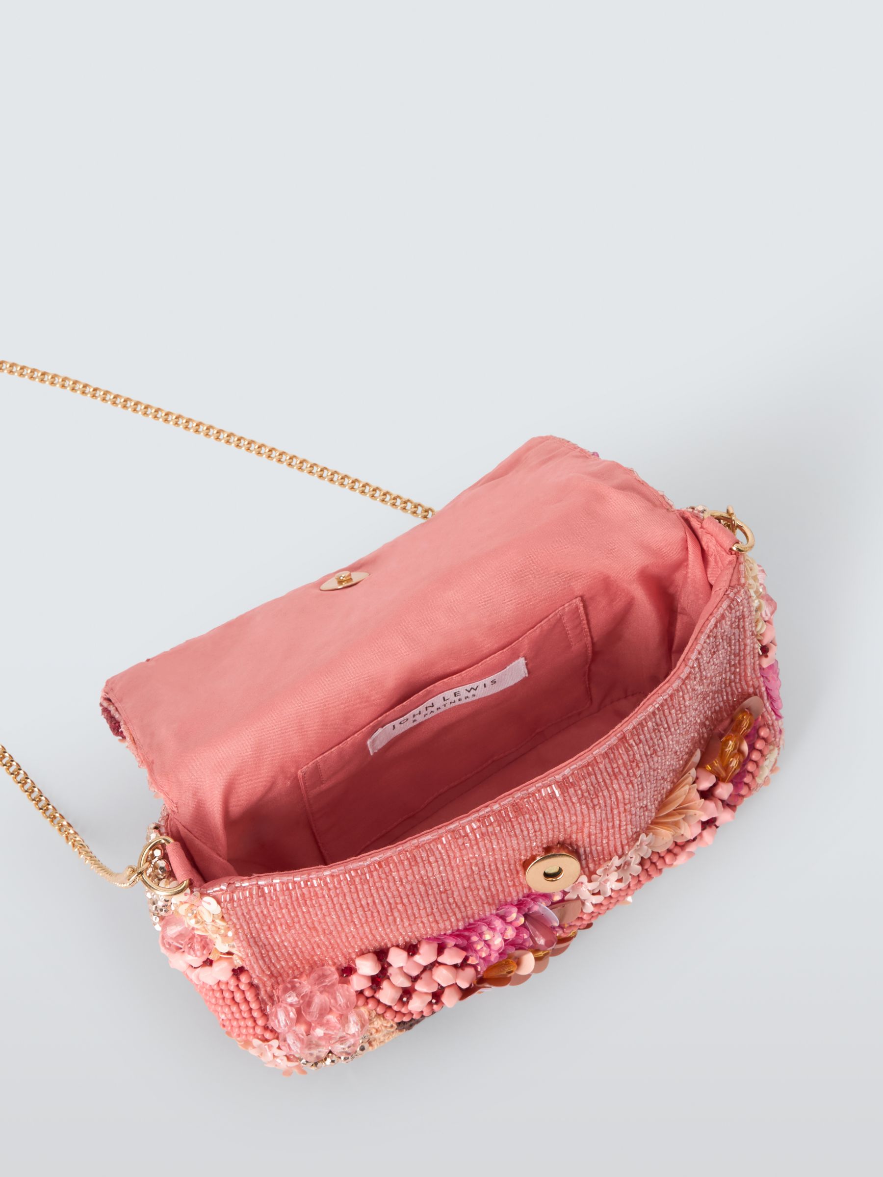 John Lewis Floral Beaded Flapover Bag, Pink/Multi