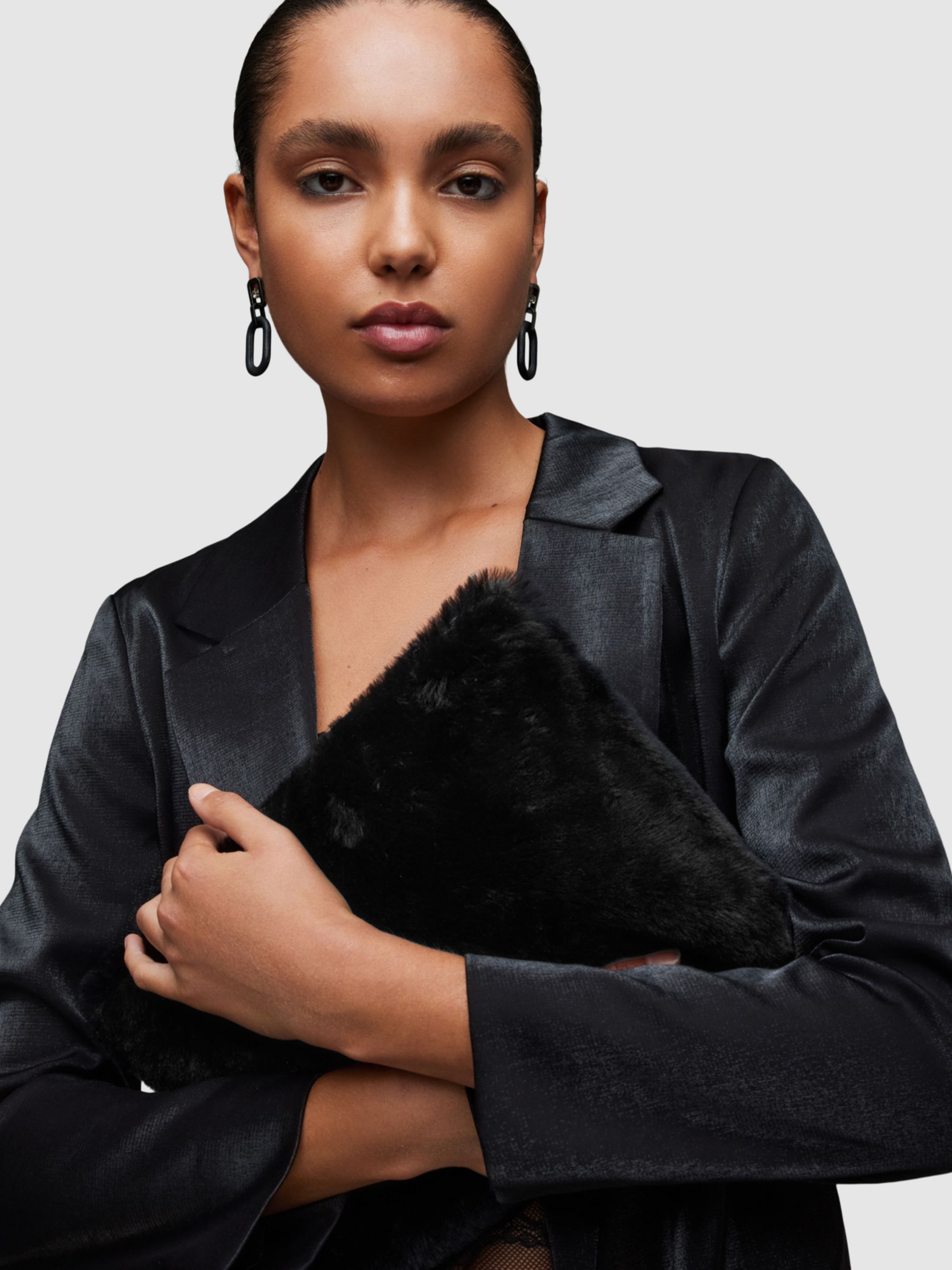 AllSaints Bettina Shearling Clutch Bag, Black at John Lewis & Partners