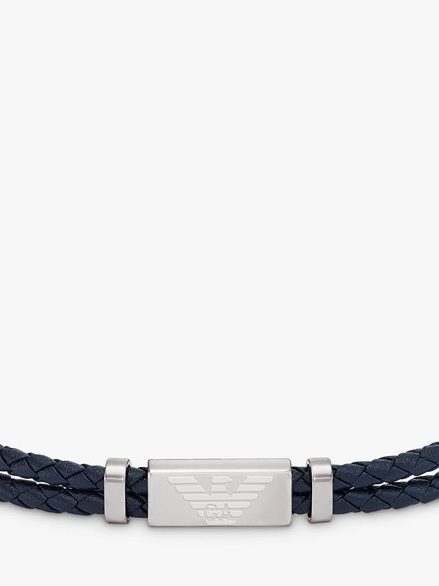 Emporio Armani Men's ID Leather Braided Cord Bracelet, Silver/Blue