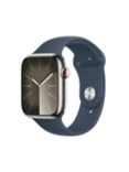 Apple Watch Series 9 GPS + Cellular, 45mm, Stainless Steel Case, Sport Band, Small-Medium, Silver/Storm Blue