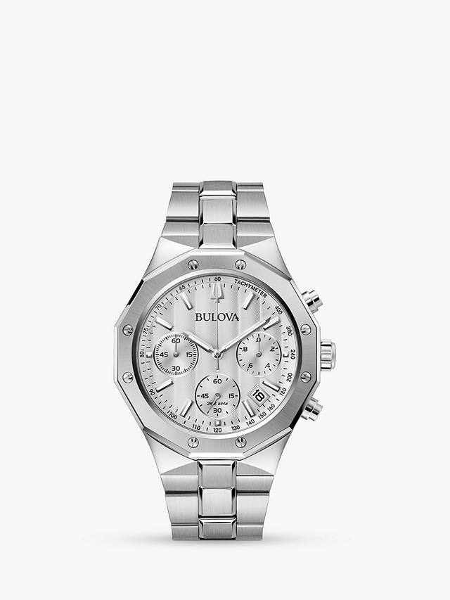 Bulova Men's Chronograph Geometric Bezel Bracelet Strap Watch, Silver