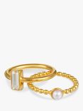 Orelia Round Faux Pearl & Baguette Crystal Rings, Pack of 2, Gold