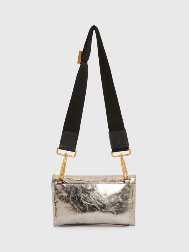 AllSaints Ezra Metallic Leather Crossbody Bag, Pewter