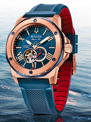 Bulova 98A227 Men's Marine Star Automatic Heartbeat Silicone Strap Watch, Blue
