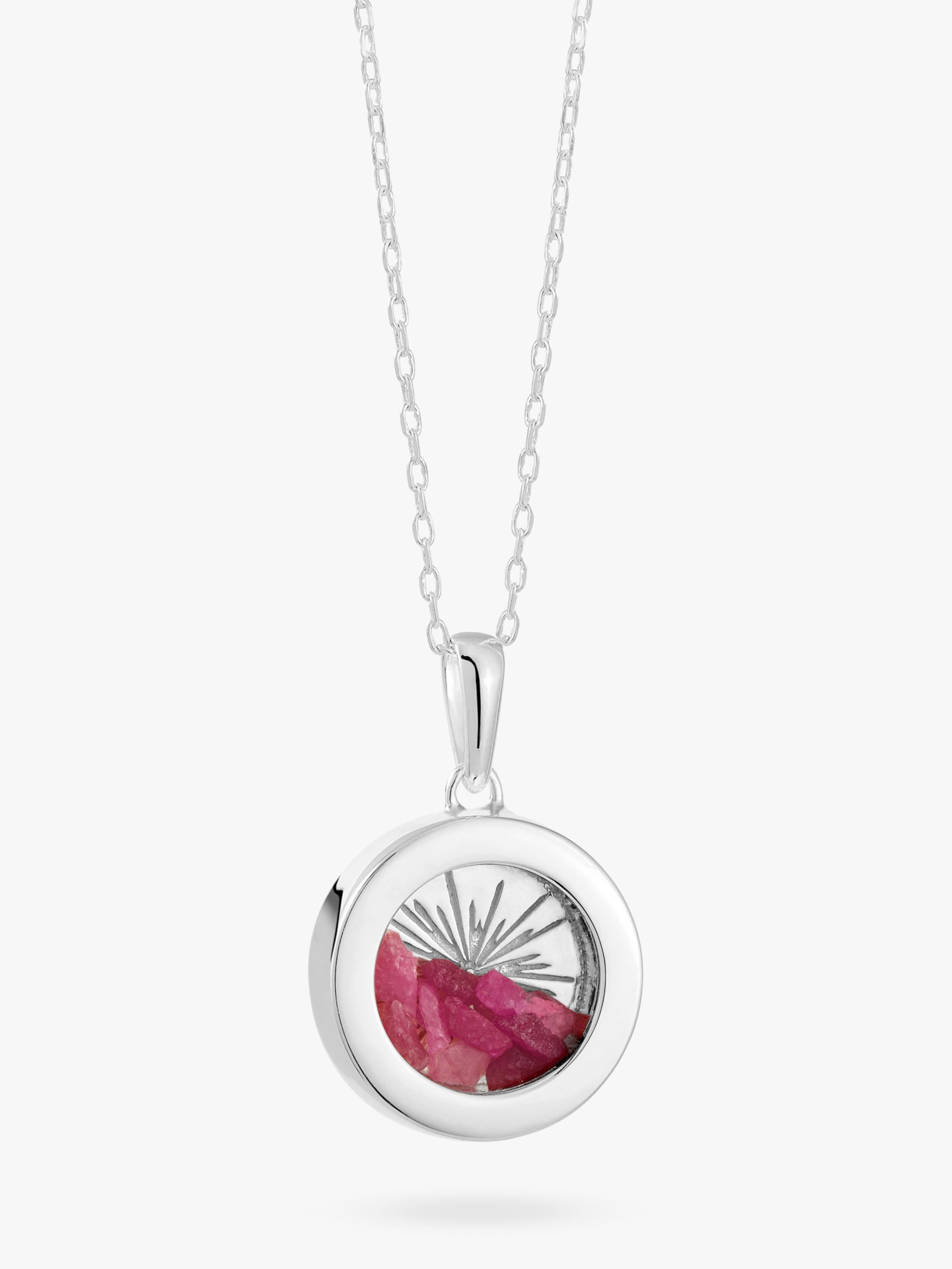 Rachel Jackson London Personalised Small Deco Sun Birthstone Amulet Necklace, Silver, Ruby - July