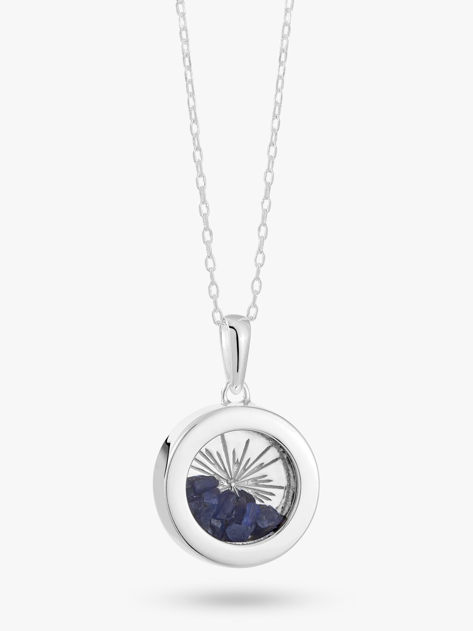 Rachel Jackson London Personalised Small Deco Sun Birthstone Amulet Necklace, Silver, Sapphire - September