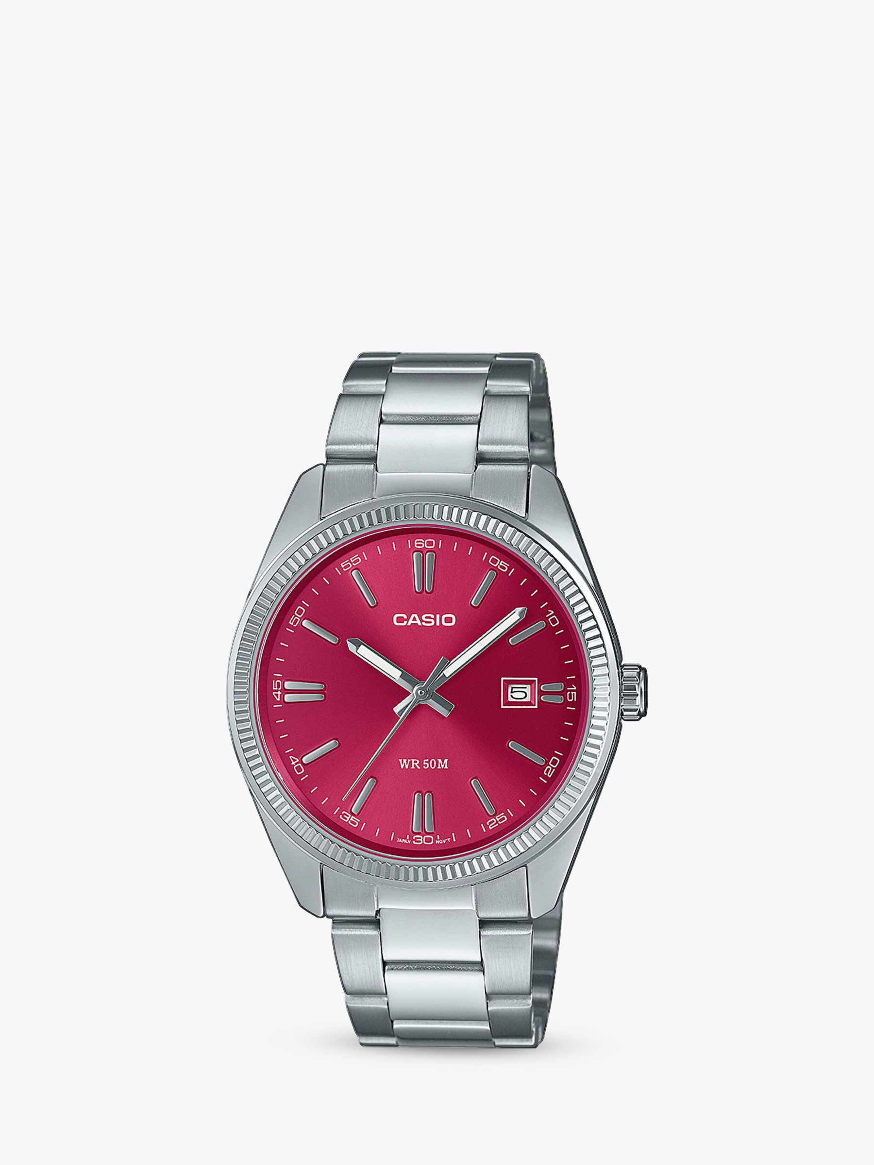 Casio Unisex Analogue Bracelet Strap Watch, Silver/Red MTP-1302PD-4AVEF