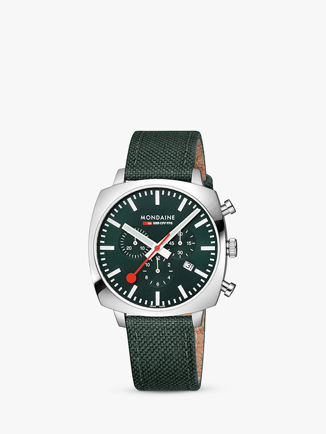 Mondaine MSL.41460.LF.SET Men's Grand Cushion Date Chronograph Fabric Strap Watch, Green
