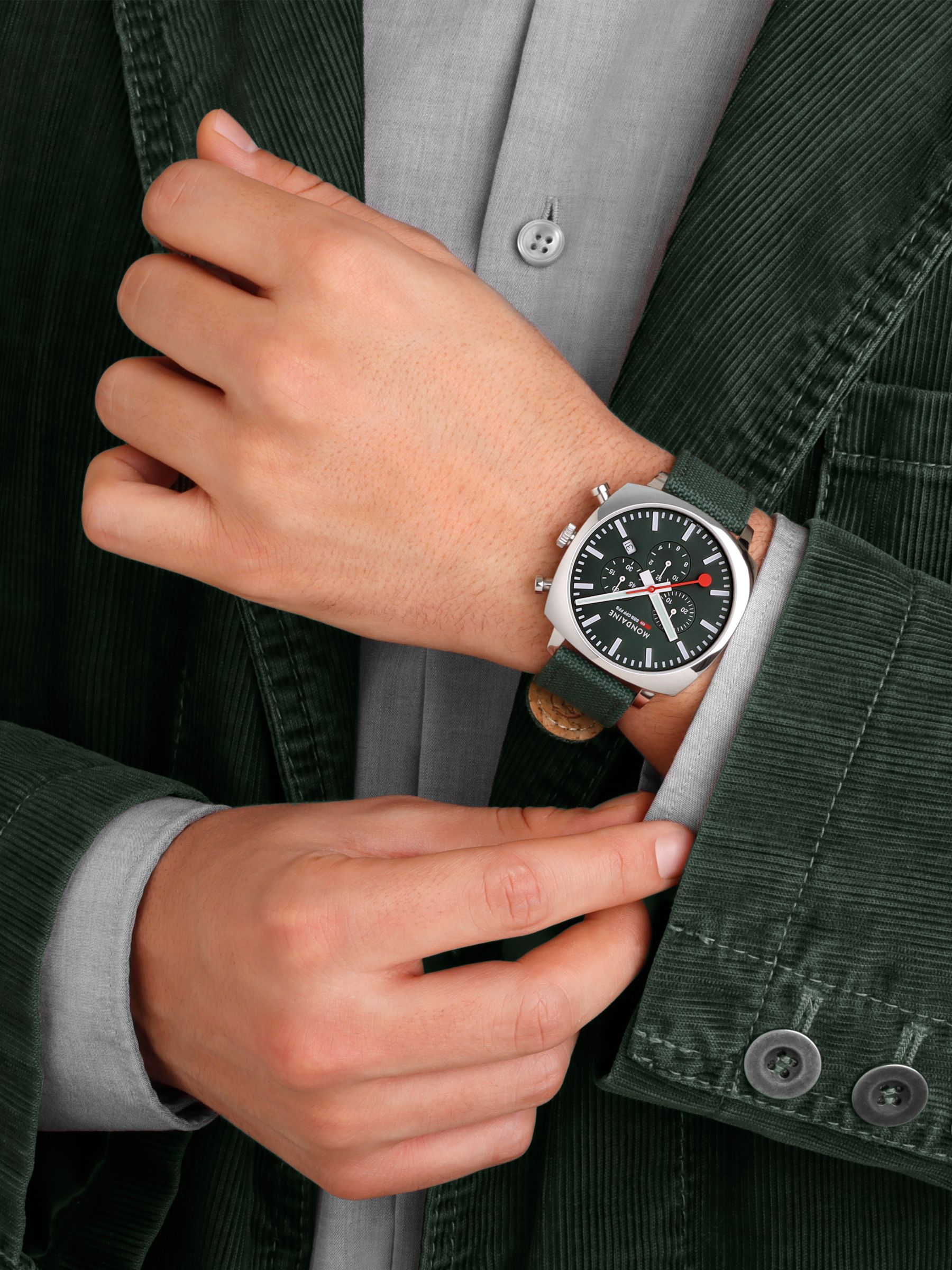 Buy Mondaine MSL.41460.LF.SET Men's Grand Cushion Date Chronograph Fabric Strap Watch, Green Online at johnlewis.com