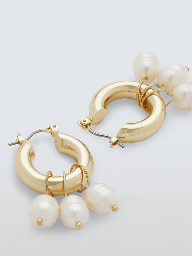 John Lewis 3 Freshwater Pearl Small Hoop Earrings, Gold/White