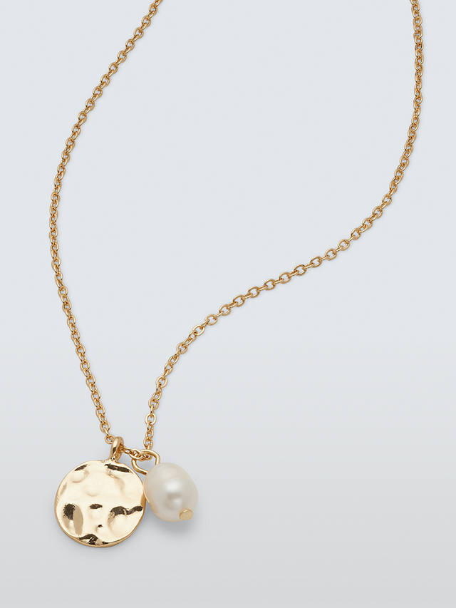 John Lewis Textured Disc and Floating Freshwater Pearl Pendant Necklace, Gold
