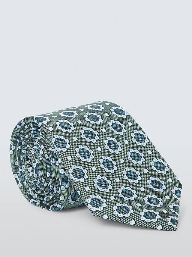 John Lewis Silk Floral Foulard Print Tie, Green/Multi