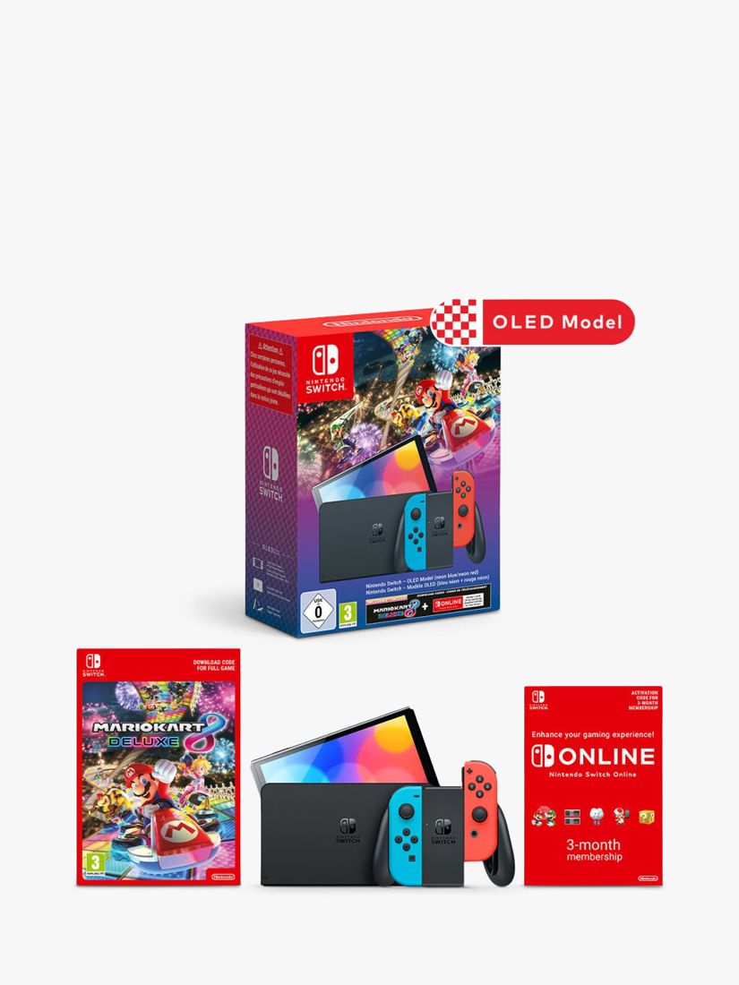Nintendo Switch OLED 64GB Red/Blue Kart with Mario Deluxe & 8 Neon Console Joy-Con, Bundle