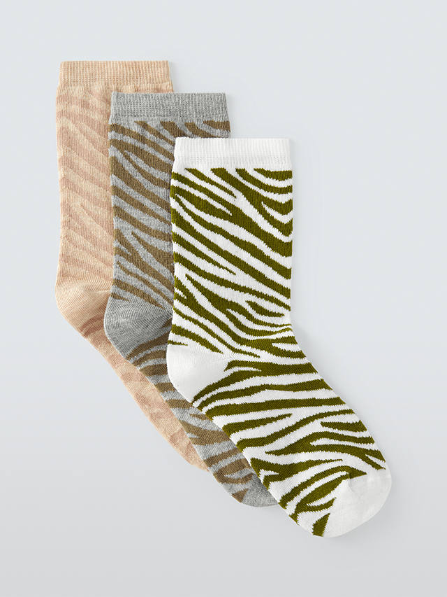 John Lewis Zebra Print Ankle Socks, Pack of 3, Natural/Multi