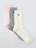 John Lewis Embroidered Heart Ankle Socks, Pack of 3, Ivory/Pink