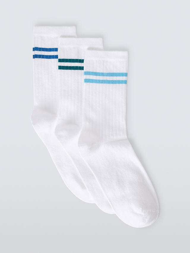 John Lewis Sports Stripe Ankle Socks, Pack of 3, Blue/Multi