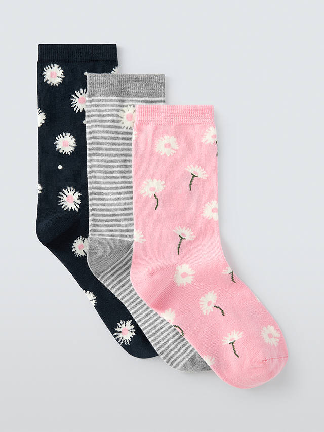 John Lewis Daisy Print Cotton Mix Ankle Socks, Pack of 3, Grey/Multi