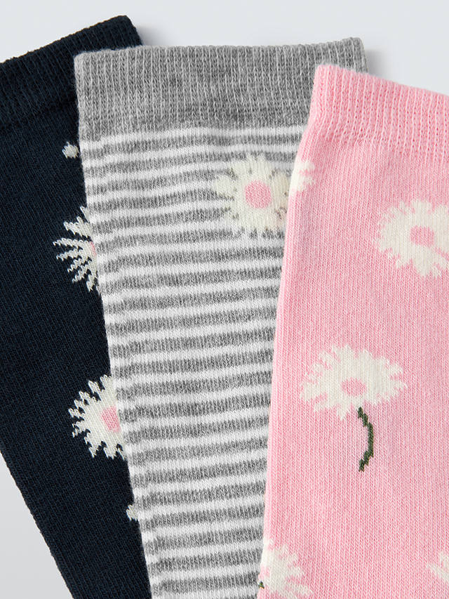 John Lewis Daisy Print Cotton Mix Ankle Socks, Pack of 3, Grey/Multi