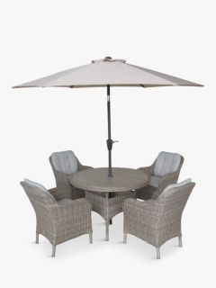LG Outdoor St Tropez 4-Seater Round Garden Dining Table & Chairs Set with Parasol, Sand