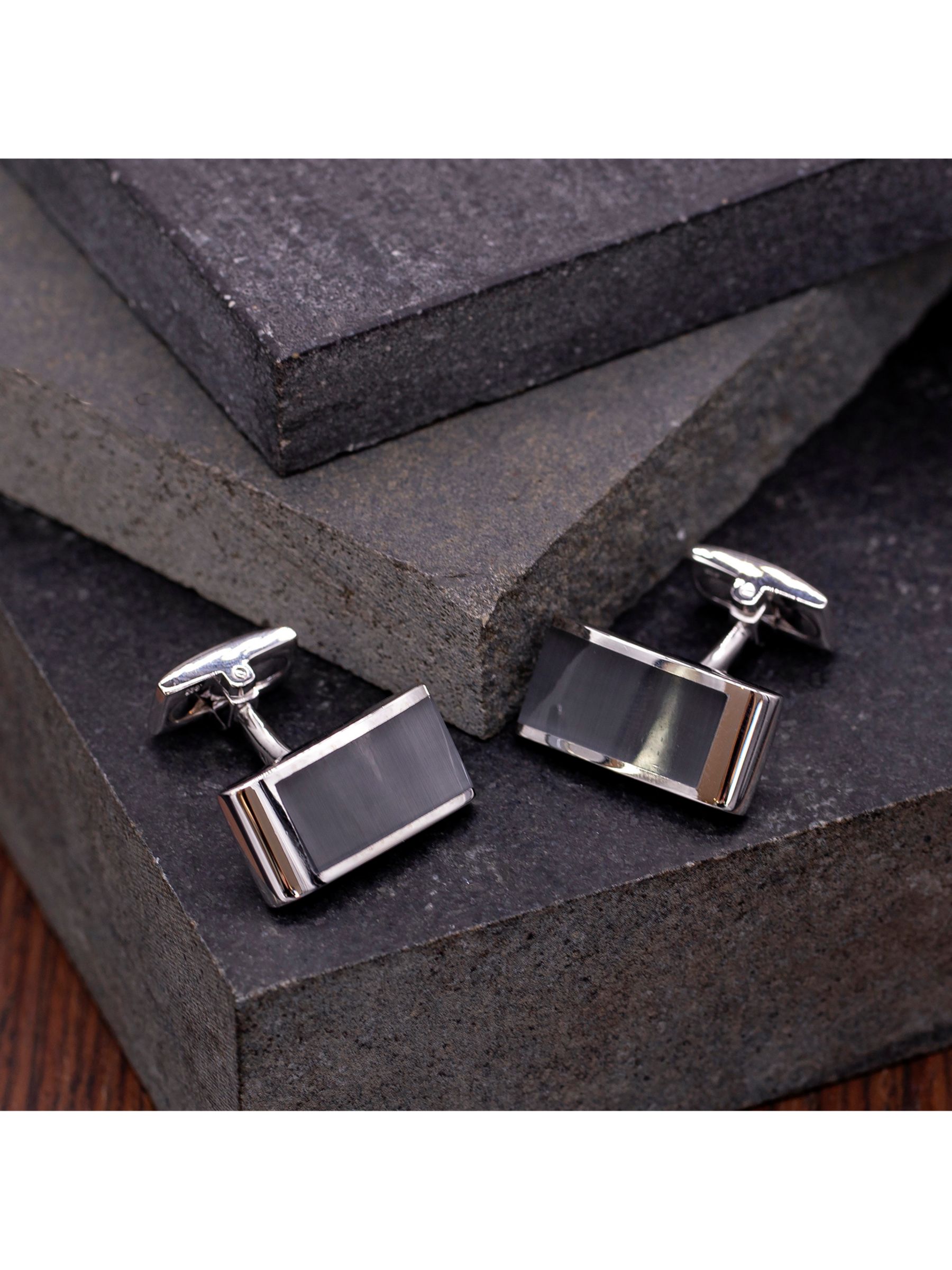 Hoxton London Cats Eye Curved Rectangle Cufflinks, Silver/Grey