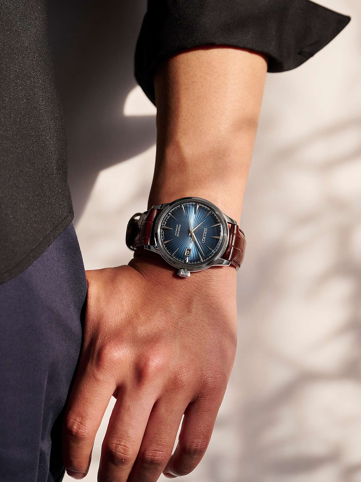 Buy Seiko SRPK15J1 Men's Midnight Blue Moon Presage Cocktail Time Leather Strap Watch, Blue Grey/Brown Online at johnlewis.com