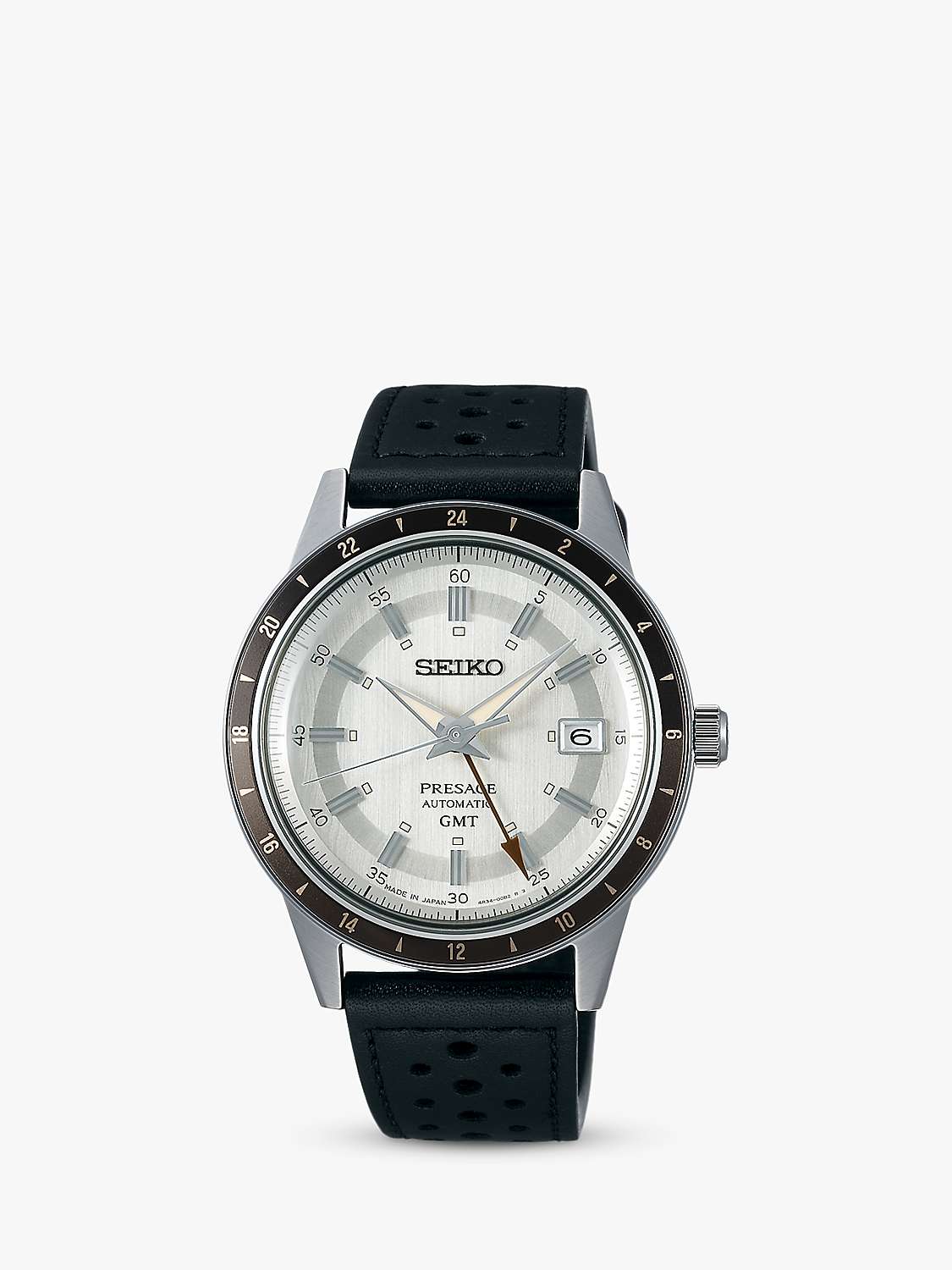 Buy Seiko SSK011J1 Men's Presage Style 60s Road Trip GMT Automatic Leather Strap Watch, White/Black Online at johnlewis.com
