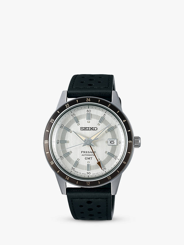 Seiko SSK011J1 Men's Presage Style 60s Road Trip GMT Automatic Leather Strap Watch, White/Black