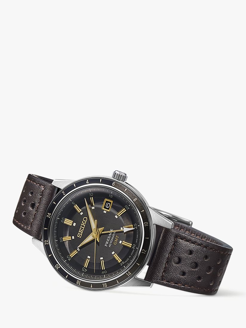 Buy Seiko SSK013J1 Men's Presage Style 60s Road Trip GMT Automatic Leather Strap Watch, Black Online at johnlewis.com