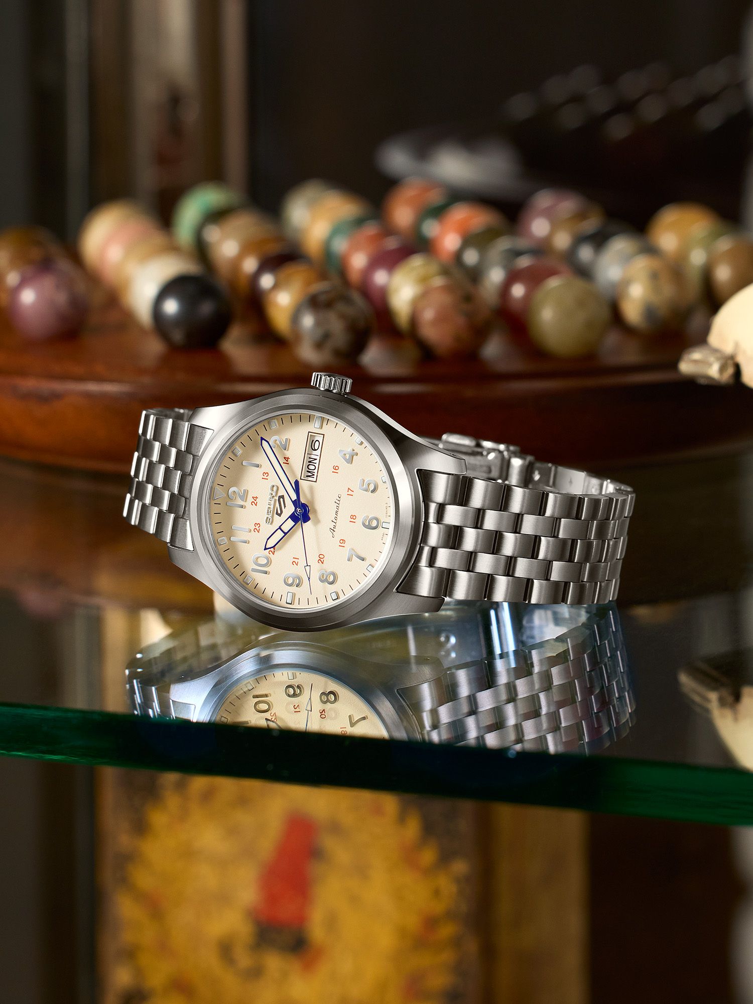 Seiko SRPK41K1 Men's 5 Sports Laurel Limited Edition 110th Anniversary Bracelet Strap Watch, Cream/Silver