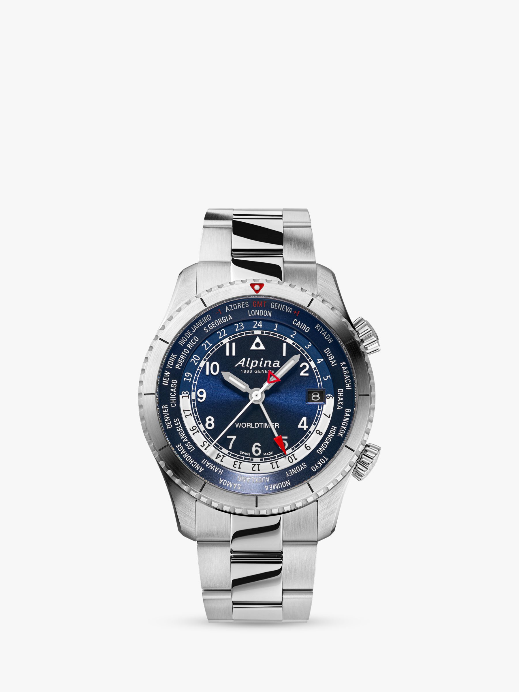 Buy Alpina AL-255N4S26B Men's Startimer Pilot Quartz Worldtimer Bracelet Strap Watch, Silver/Blue Online at johnlewis.com